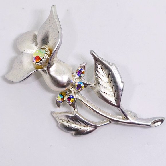 Vintage Silver Flower Pin with Aurora Borealis Rhinestones Pin Brooch - Picture 2 of 8